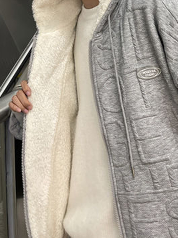 Sudadera con capucha extragrande con cremallera y forro polar con estampado liso para hombre-3