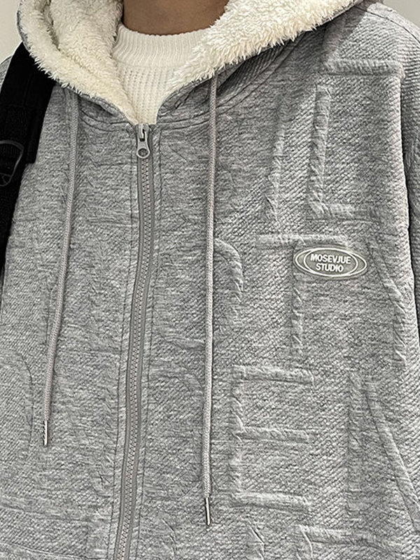 Sudadera con capucha extragrande con cremallera y forro polar con estampado liso para hombre-4