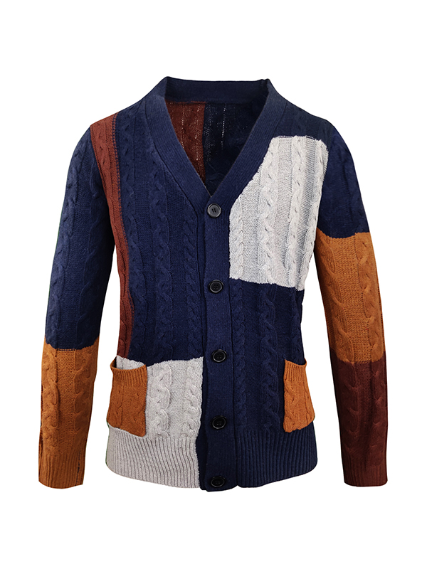 Suéter con cuello en V con empalme de bloques de color irregular para hombre-2