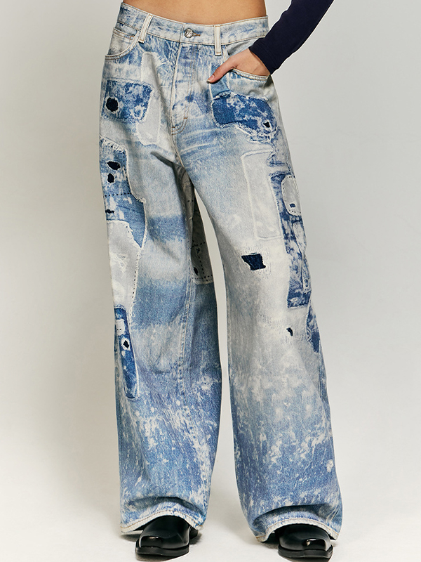 Vaqueros desgastados con estampado de patchwork azul retro-1