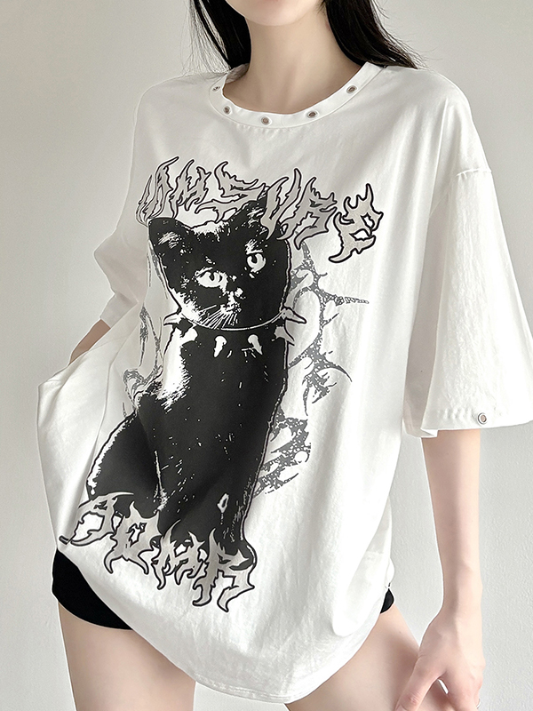 Camiseta holgada de cuello redondo perforada con estampado de gato oscuro-2