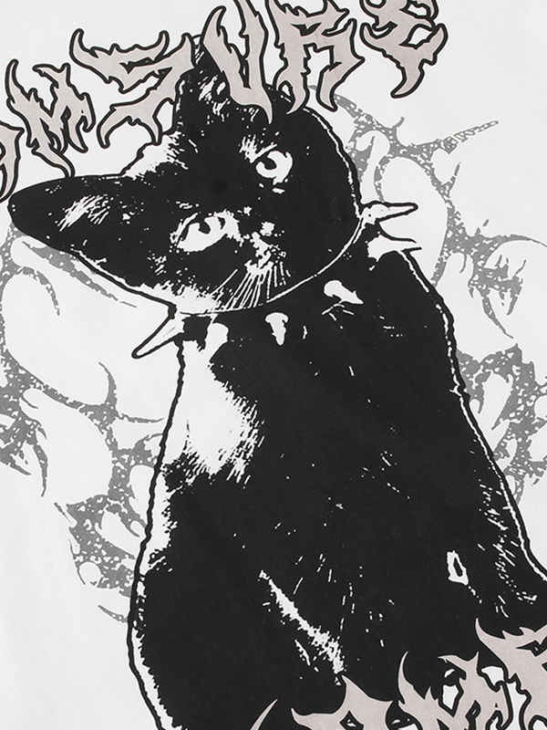 Camiseta holgada de cuello redondo perforada con estampado de gato oscuro-3