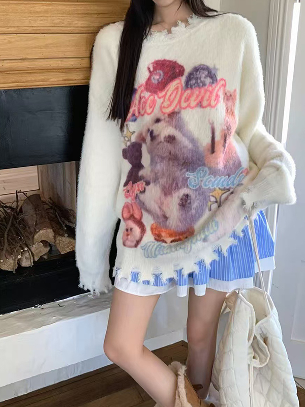 Suéter de cuello redondo con estampado de grafiti de gato dulce-3