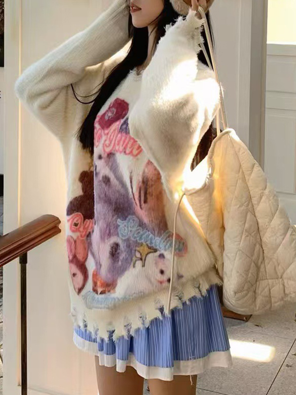 Suéter de cuello redondo con estampado de grafiti de gato dulce-2