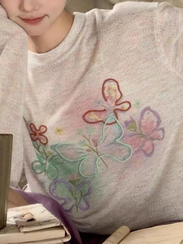 Camisa de manga larga extragrande con protección solar y bordado de mariposas coloridas-5