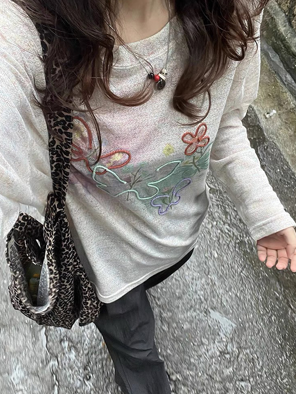 Camisa de manga larga extragrande con protección solar y bordado de mariposas coloridas-1