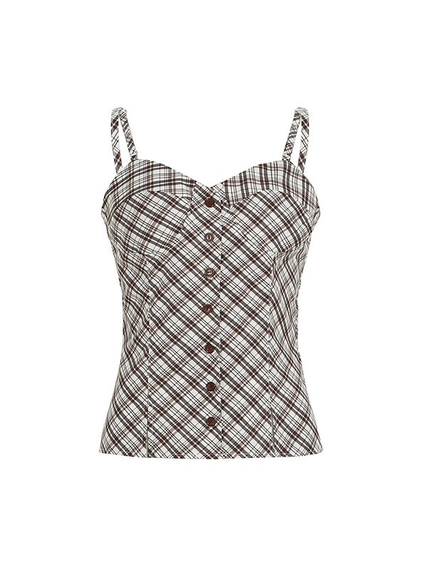 Top camisola con abertura y botones a cuadros estilo retro americano-4