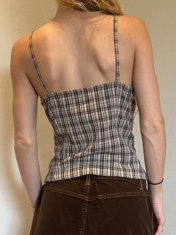Top camisola con abertura y botones a cuadros estilo retro americano-3