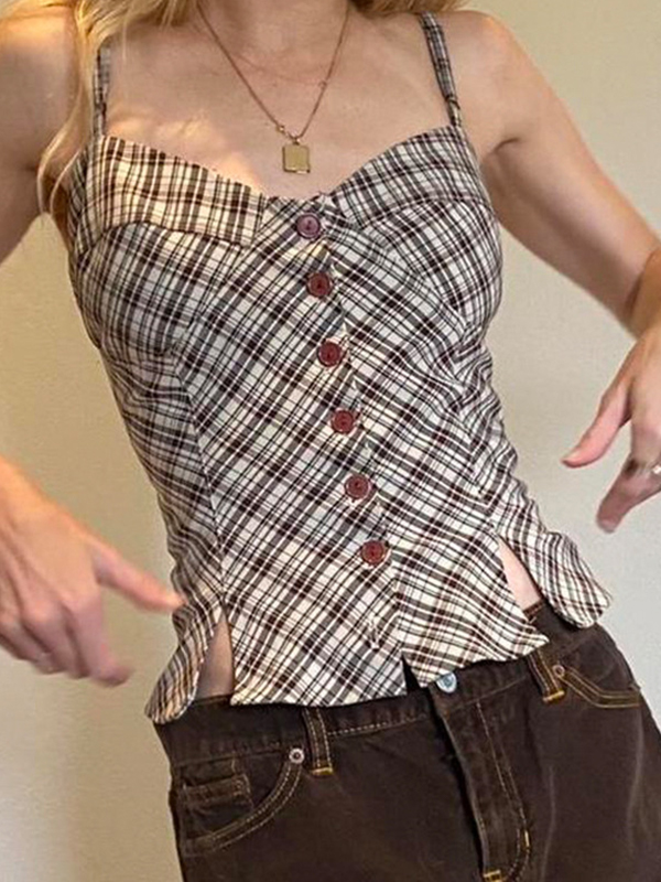 Top camisola con abertura y botones a cuadros estilo retro americano-2