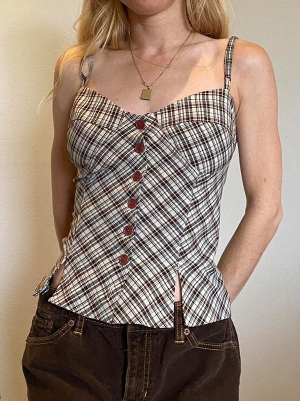 Top camisola con abertura y botones a cuadros estilo retro americano-1