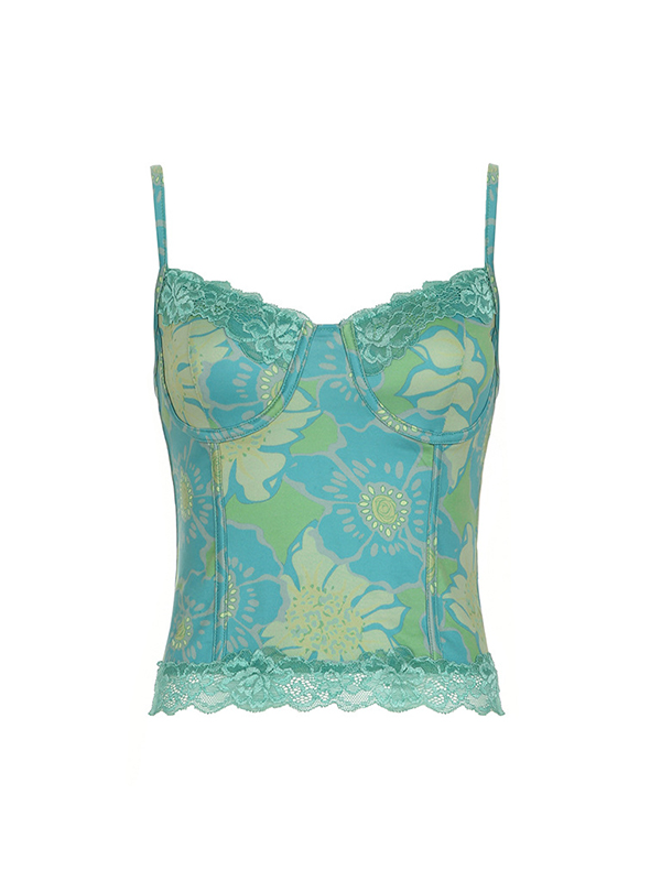 Top de tirantes de encaje con estampado floral vintage-4