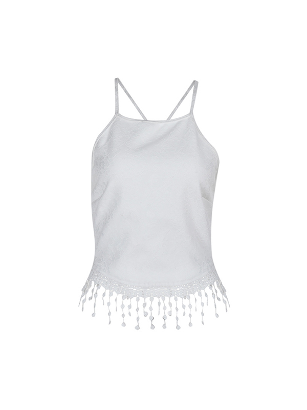 Chaleco halter con borlas y cuello de encaje-4