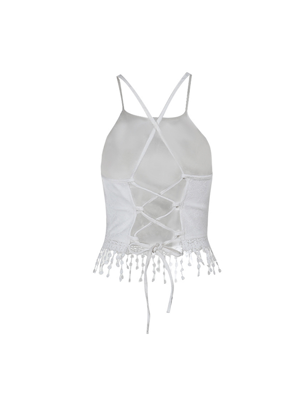Chaleco halter con borlas y cuello de encaje-5