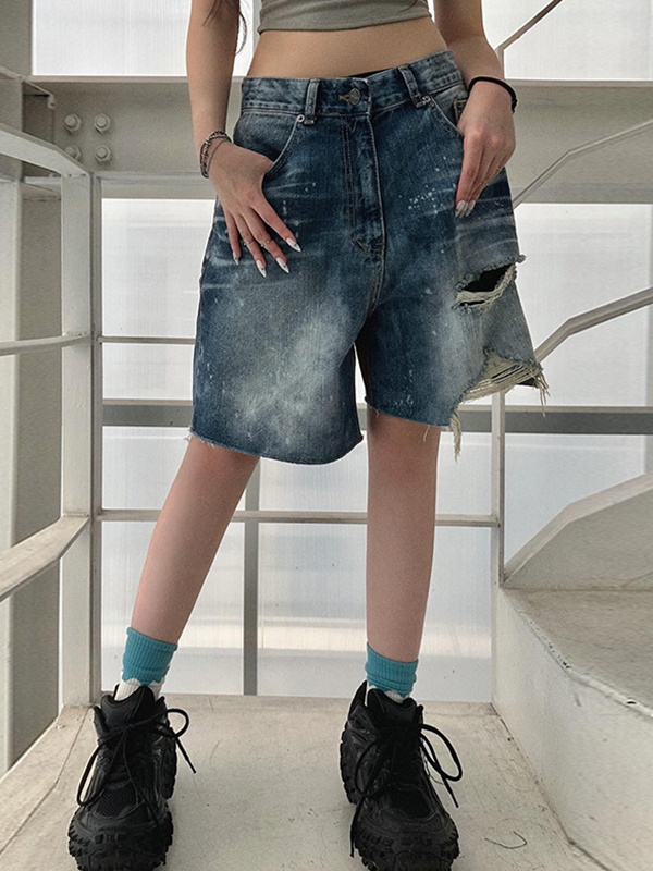Shorts vaqueros irregulares personalizados con rotos-3