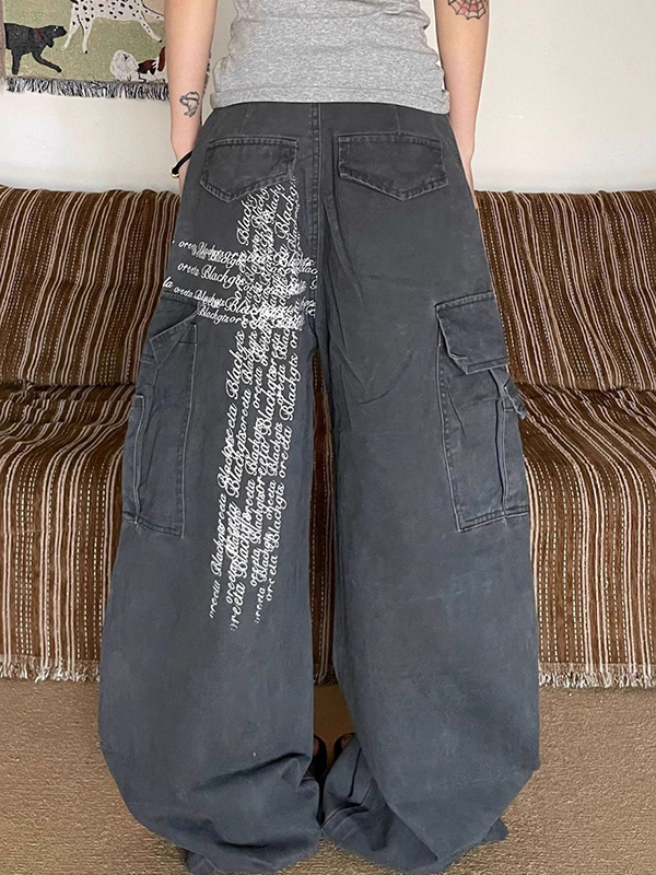 Vaqueros boyfriend con estampado de letras y múltiples bolsillos-1