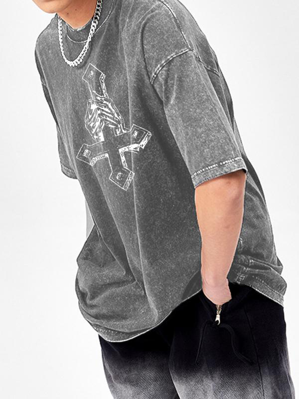 Camiseta extragrande de manga corta con estampado cruzado para hombre-1