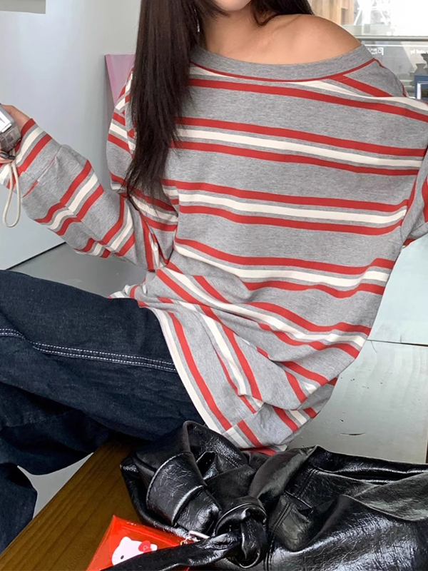 Camiseta de manga larga holgada con estampado de rayas-2
