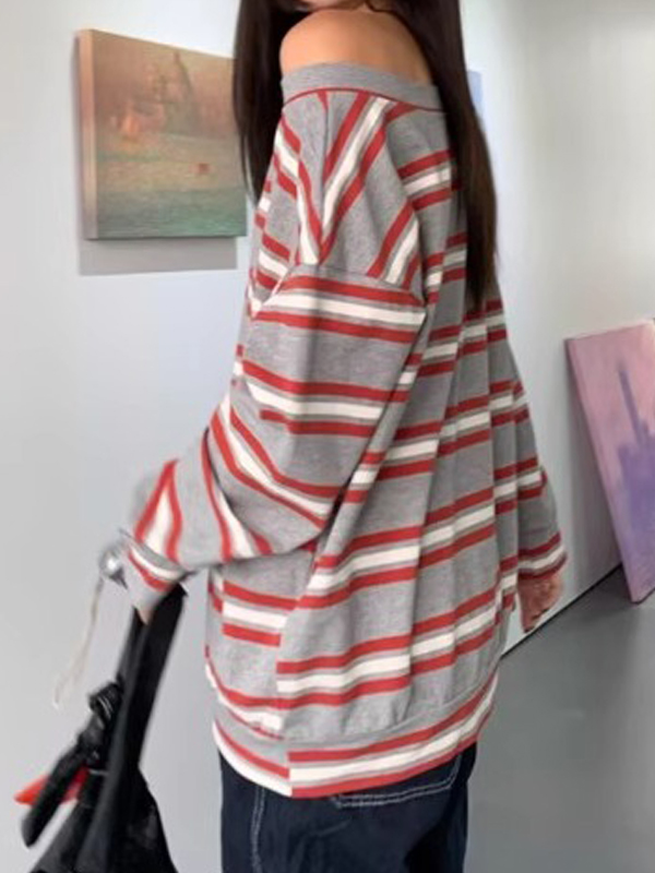 Camiseta de manga larga holgada con estampado de rayas-1