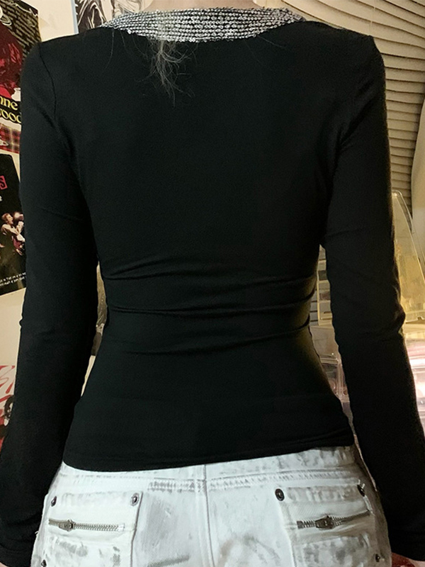 Camiseta de manga larga hueca con cuello en V y lazo-2