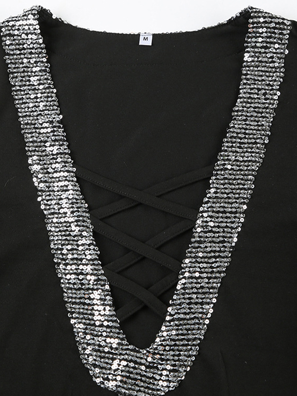 Camiseta de manga larga hueca con cuello en V y lazo-4
