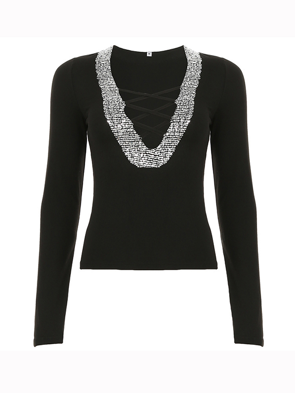 Camiseta de manga larga hueca con cuello en V y lazo-3