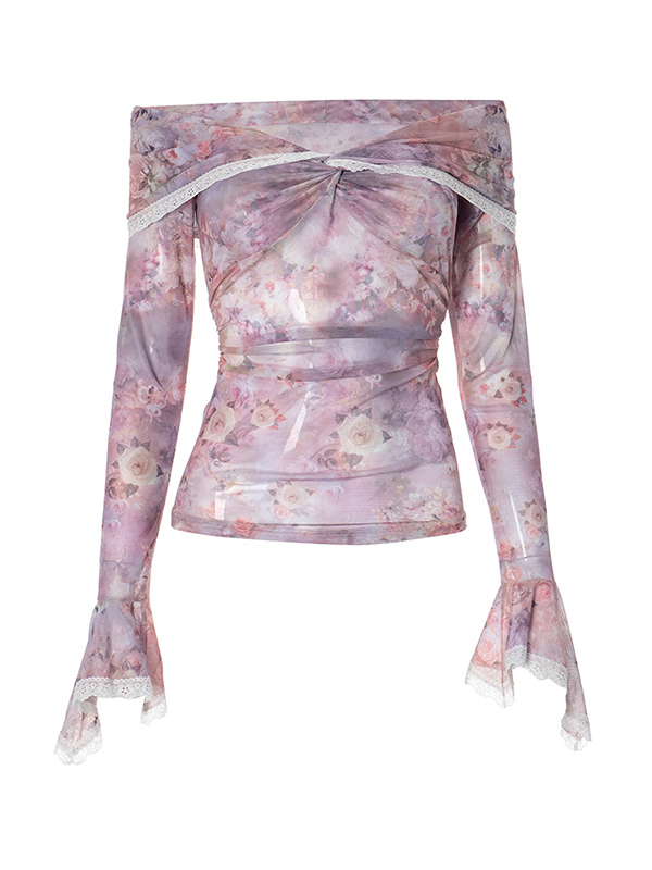 Camiseta de manga larga con estampado floral y un hombro-4