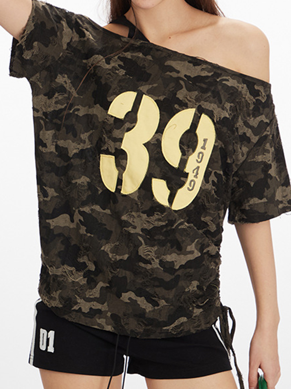 Camiseta de manga corta extragrande con un solo hombro-1