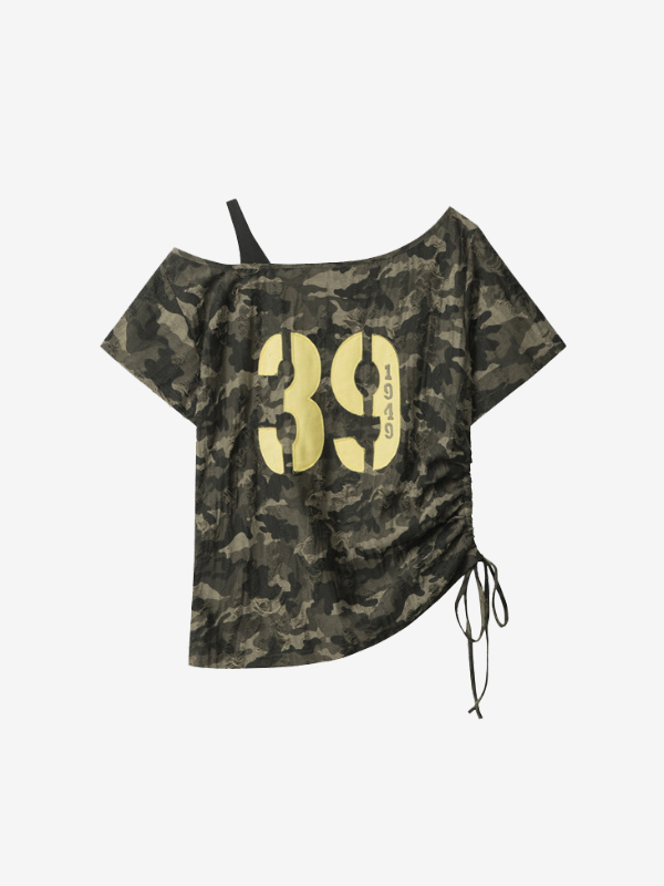 Camiseta de manga corta extragrande con un solo hombro-2
