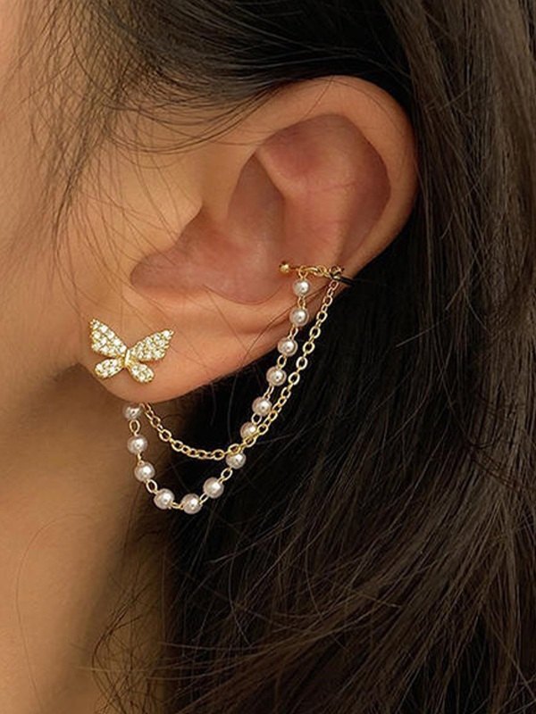 Pendiente de mariposa con diamantes de imitación y borla de perlas de imitación-1