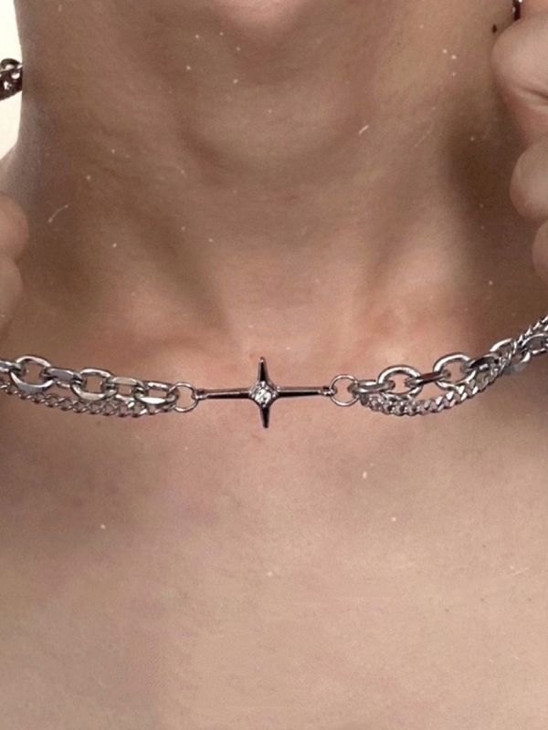Collar de cadena de eslabones geométricos en capas para hombre-7