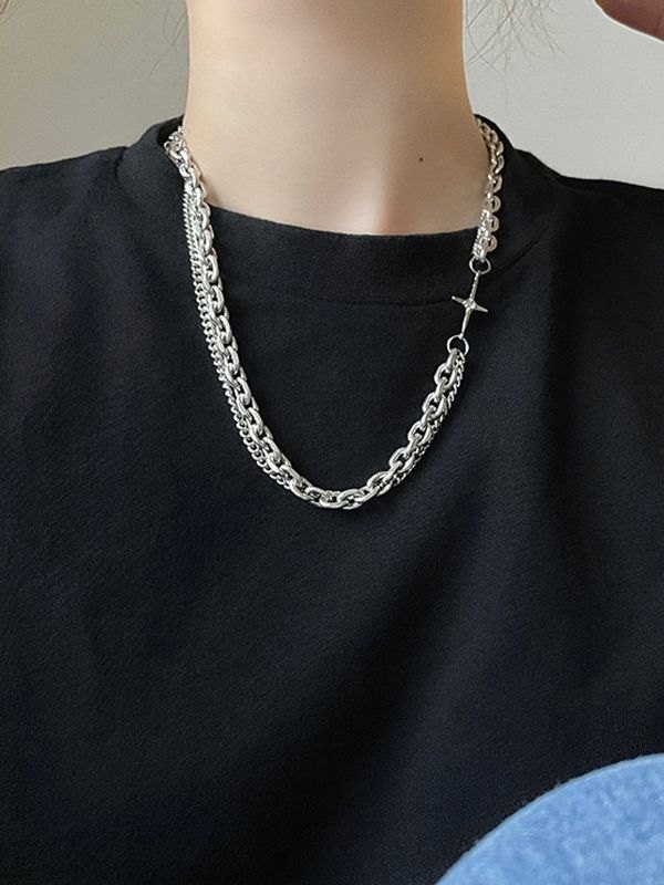Collar de cadena de eslabones geométricos en capas para hombre-8