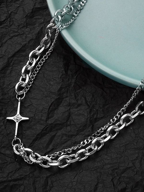 Collar de cadena de eslabones geométricos en capas para hombre-5