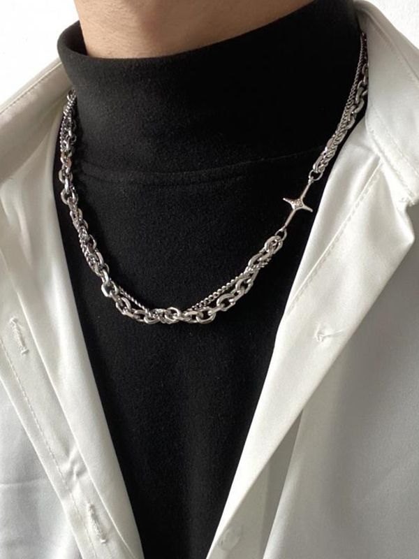 Collar de cadena de eslabones geométricos en capas para hombre-1