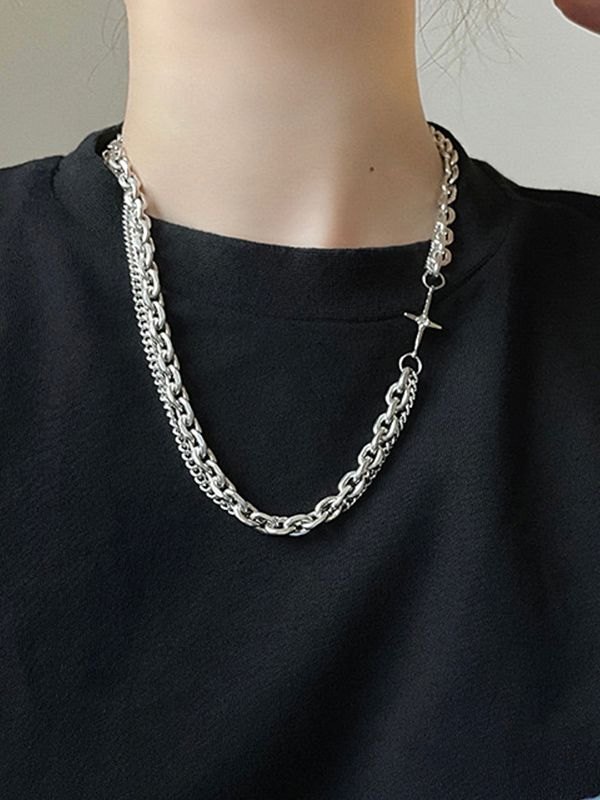 Collar de cadena de eslabones geométricos en capas para hombre-3