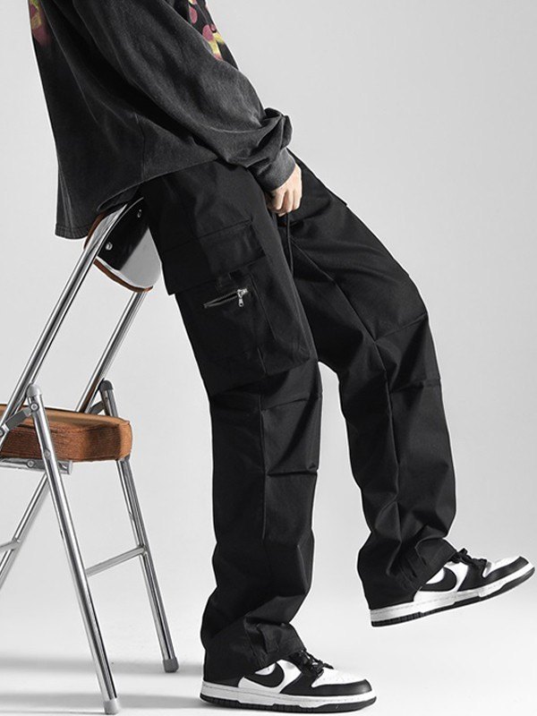 Pantalones cargo rectos vintage fruncidos para hombre-1