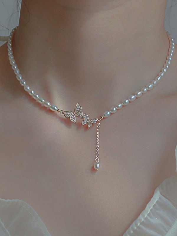 Collar de perlas de imitación de mariposa de diamantes de imitación-1