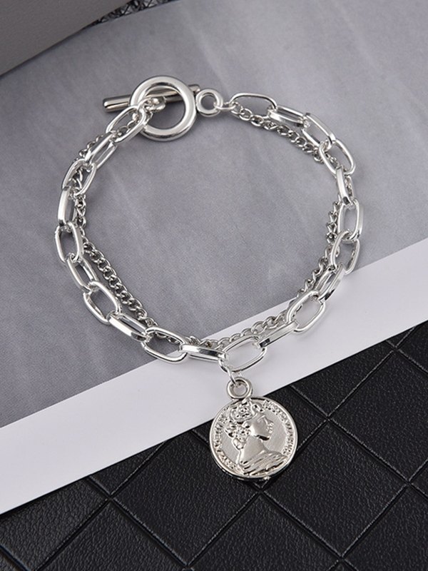 Pulsera de palanca con colgante de moneda de cadena de doble capa-3